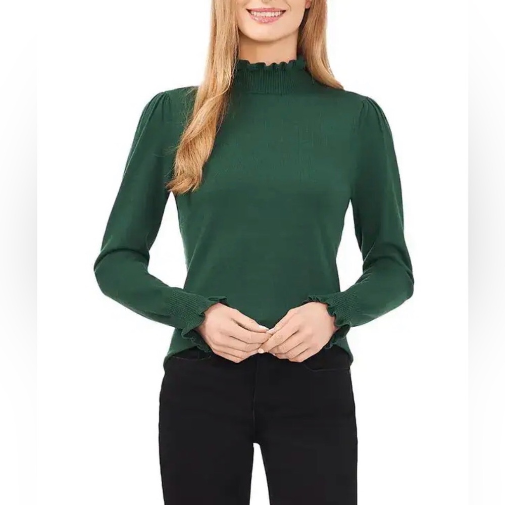 Mock Neck Ruffle Cuff Sweater Dark Green - L